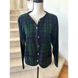 Vintage Tally Ho Green Navy Black Blackwatch Tartan Plaid Cardigan